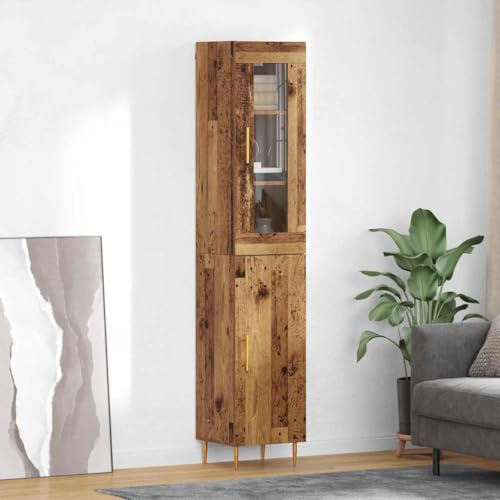 kithwjll Highboard 2-teilig Altholz Optik, Glas Vitrine mit Scharniertüren, schlankes Sideboard für Wohnzimmer, Esszimmer, Flurschrank, 34,5x34x180 cm
