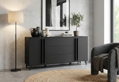 MINIO go for it - Kommode Huron, Sideboard Breite 150 cm | Stehendes, mit Lamellen, Farbe: Schwarz matt