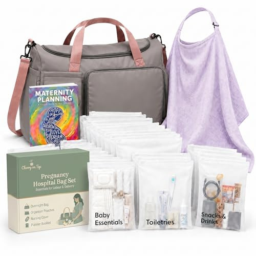 Cherry-on-Top Borsa per gravidanza per ospedale, set completo per il travaglio e il parto, con 21 tasche organizer, 22 pagine per pianificare la preparazione e scialle per allattamento, cesto per