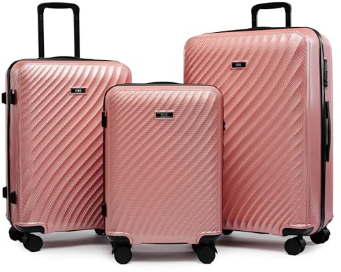 ROWEX Kofferset 3 teilig Polycarbonat Hartschale TSA-Schloss 360° Doppelrollen leise, S+M+L 184L leichtes Reisekoffer Set stoßfest robust Hartschalenkoffer Urlaubskoffer Rosé Roseline