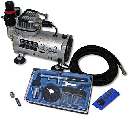 Wiltec Einsteiger Airbrush Kompressor Set AS18-2 mit 1 Airbrushpistole Typ 128 und umfangreichem Zubehör, Drucktank, für Modellbau, Tattoos, Nailart
