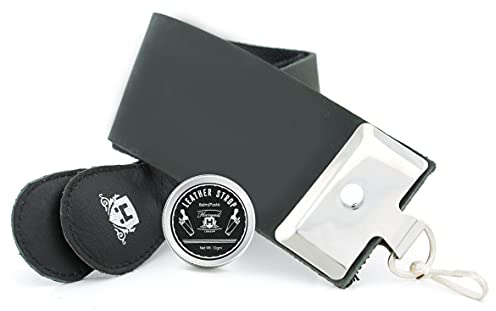 Haryali London Razor Sharpener - Genuine Leather Strop - Black Straight Razor Sharpener and Knife Sharpener with Handles - Honing Paste - Zero Waste Straight Razor Strop - Knife Strop