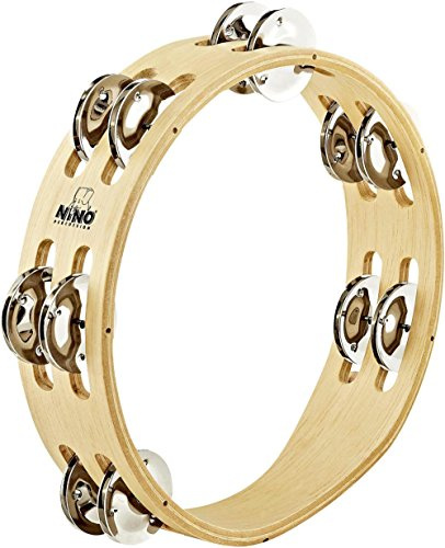Nino Percussion Traditional Wood Trambourine - Musical Instrument for Children from 3 Years - Diameter 8 inch - 2 Rows Jingles - Siam Oak, Natural (NINO50)