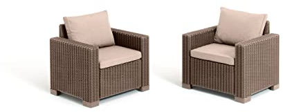 Keter California All Weather Outdoor Patio Armchair with Cushions in a Resin Plastic Wicker Pattern, Cappuccino/Sand