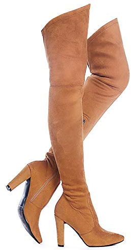 Shoe'N Tale Women's stretch suede chunky heel thigh high overknee boots