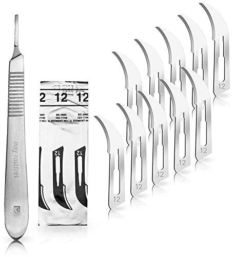 Set avec 10 x lames de scalpel N° 12 - Lame chirurgicale stérile en acier au carbone et 1 x manche de scalpel Figure N° 3 en acier inoxydable