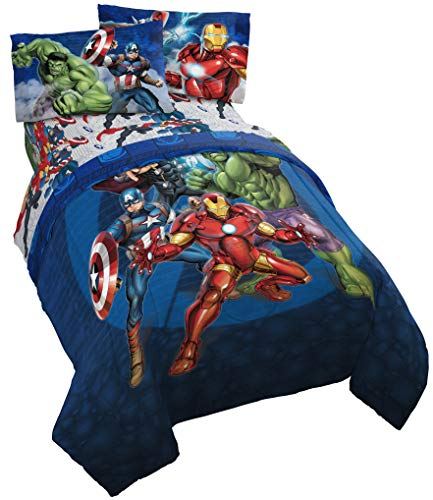 Jay Franco Marvel Avengers Blue Circle 5-teiliges Bettwäsche-Set – inklusive wendbarer Bettdecke und Bettlaken-Set – Bettwäsche mit Captain America und Iron Man – farbechte Mikrofaser (offizielles