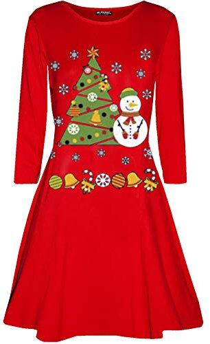 Be Jealous Christmas Womens Snowman Candy Ribbon Swing Dress Snowman Tree Red Plus Size (UK 20/22)