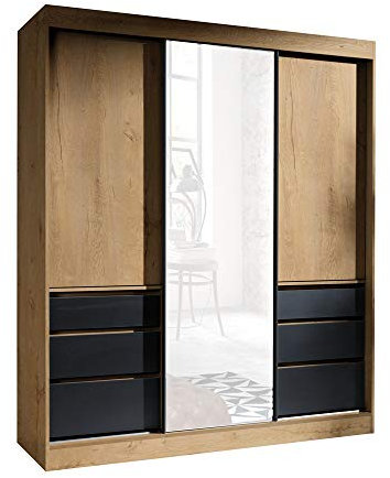 FurnitureByJDM Armoire avec Miroir – 3 Portes Coulissantes, 2 Tringles À Vêtements & 3 Tiroirs - Garde-Robe 180 Cm De Large - Haiti (Lefkas de Chêne/Noir)