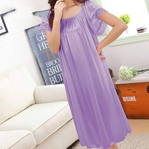 Robes Chemise De Nuit Sexy pour Femmes,Violet Clair Plus La Taille Sexy Femmes Dentelle-Garniture Longue Vêtements De Nuit Femme Glace Soie Satin Chemise De Nuit Robe De Nuit Longue Dames Vêtement