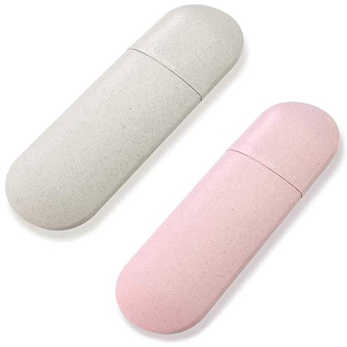 Splendid 2PCS Portable Toothbrush Case, Travel Toothbrush Box, Wheat Straw Waterproof Toothbrush Box, for Outdoor Camping, Travel and Family Storage (Pink, Beige)
