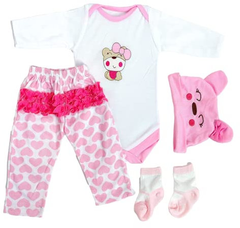ZIYIUI Reborn Puppenkleidung, Rosa Herz Puppenkleidung 4er Set,Für Stehpuppen 50 - 55 cm,Vier Jahreszeiten Komfortable Puppenkostüme