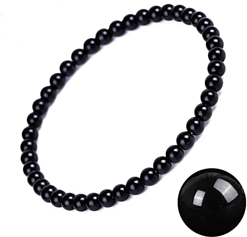 EUMENIDES Damen-Armband mit Naturstein - Turmalin, Tigerauge, Obsidian, Achat-Kristall, QUALITÄT A, 7,2 Zoll, 4/6MM (Schwarzer Turmalin-Armband, 6MM)