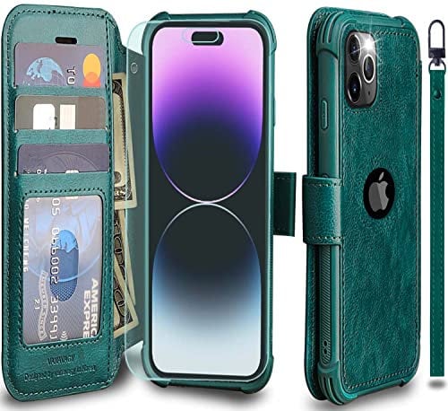 VANAVAGY Compatible with iPhone 14 Pro Wallet Case for Women and Men,Rfid Flip Leather Cover with Wrist Supports Wireless Charging with Card Holder and Glass Screen Protector,Forest Green