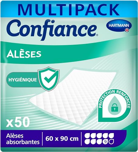 Confiance Alèse - Alèses pour la Protection de la Literie ou du Fauteuil - Niveau d'Absorption = 9 Gouttes - Dimensions = 60 x 90 cm - 2x25 unités