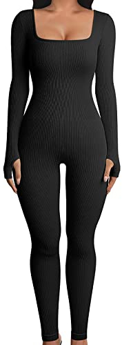 Geagodelia Jumpsuit Damen Sommer Lang Curvy Sexy Overall Langarm Eng Stretch Einteiler Outfit für Halloween Kostüm (Schwarz, M)