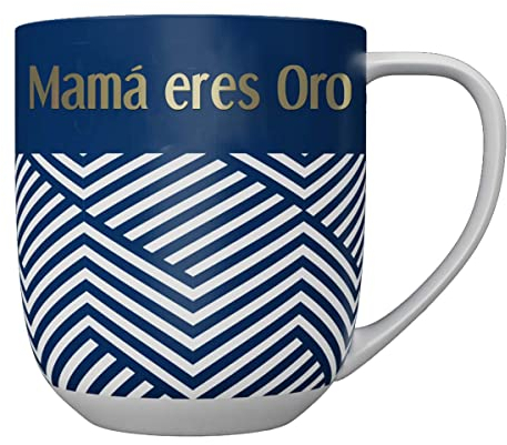 DRAEGER PARIS 1886 - Taza Cerámica 320ml Mamá Eres Oro - Diseño Geométrico en Azul/Rosa con Mensaje en Oro - Apta Lavavajillas - Embajadora de Emociones Desde 1886