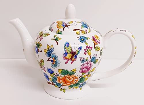 Magic Garden Teapot Fine Bone China Flowers & Butterflies Small Tea Pot 20oz Hand Decorated UK