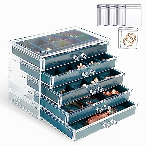 KAMIER Earring Holder Organizer Box with 5 Drawers, Clear Acrylic Jewellery Storage Box for Women, Includes 20 Portable Clear Bags for Earrings, Rings, Bracelets, Necklaces, Peacock Blue