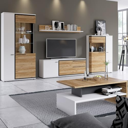 Wohnwand Wohnzimmer inkl. Couchtisch in weiß Eiche Nb. weiß Absetzungen schwarz matt, TV Wand, Lowboard, Vitrine, Highboard, modern