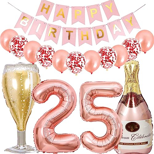 Dalettu Luftballon 25. Geburtstag Deko Frau, Folienballon Weinflasche Sektflasche Rose Gold Helium Ballon Deko, Geburtstagsdeko 25 Jahre Frauen, Happy Birthday Banner für 25 Jahr Geburtstag Party Deko