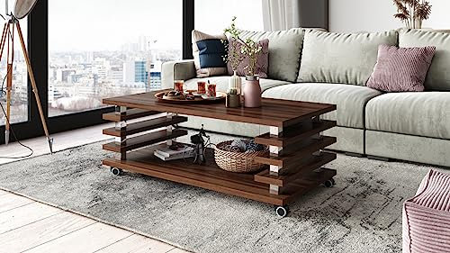 DC-3 Couchtisch Nussbaum 120x60cm mit Ablage modern stabil vielseitig Wohnzimmertisch Beistelltisch Sofatisch Zeitloses Design platzsparend robust Wohnzimmer mit Rollen