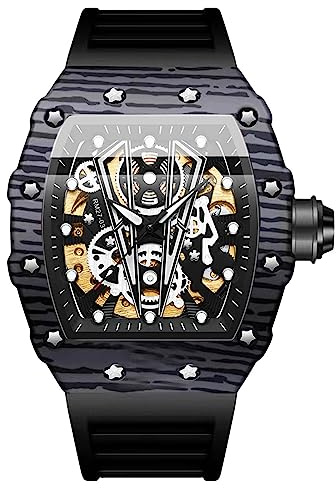 RORIOS Tonneau Armbanduhren für Herren Mechanische Automatik Uhr Mode Sport Uhr Wasserdicht Leuchtend Watch Männer Punk Uhr Silikon Armband Schwarz