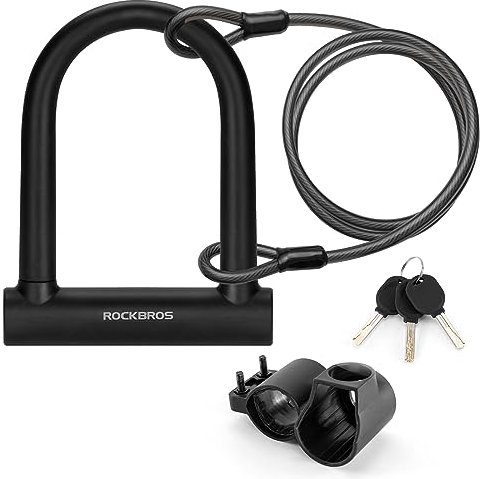 ROCKBROS Candado en U para Bicicleta Alta Seguridad Antirrobo con Soporte de Montaje + 2 Metros Cable para Bicicleta Motocicleta Scooter Puertas