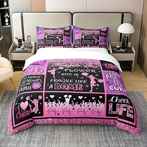 100% Baumwolle Cheerleading Bettbezug Cheer Geschenke,Cheerleader Liebt Bettwäsche Set für Mädchen,Cheer Rosa Pailletten Komfortbezug 200x200,Geometrische Plaid Patchwork Bett mit 2 Kissenbezüge