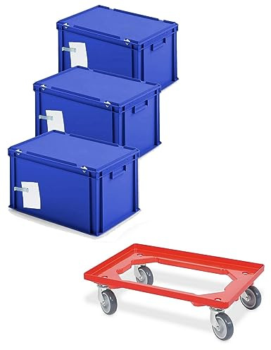 BRB 3x Ordner-Archivboxen für je 7 Ordner (A4, breiter Rücken), inkl. Transportroller (blau)