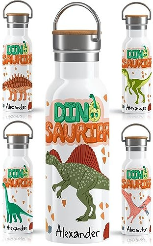OWLBOOK® Edelstahl Trinkflasche Kinder personalisiert | Wasserflasche Flasche BPA-frei | 600 ml | Auslaufsicher Spülmaschinenfest | Schule Schulanfang Geschenke Einschulung Junge | Spinosaurus