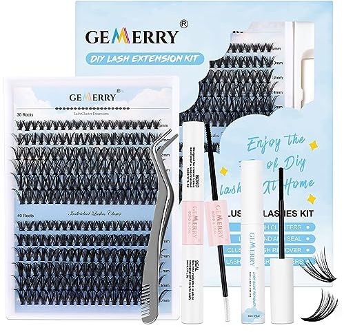 Kit Extension Cils Maison Faux Cils Individuel 240PCS, Bouquet D Curl 8-16mm avec Bond and Seal Applicateur Pince Crème Dissolvant de Colle DIY Gemerry Cils(30+40D-D)