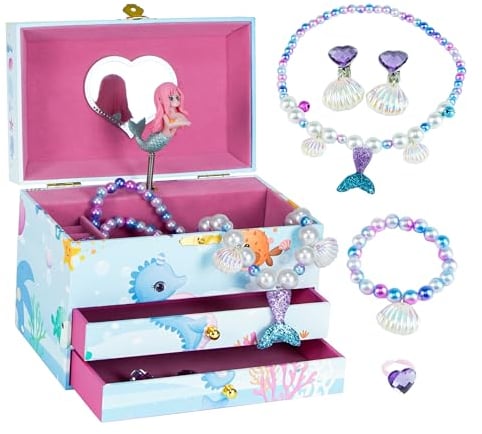 AdelDream Spieluhr Schmuck Schmuckkästchen (5 Schmucksets) Box kleines Mädchen Tochter und Lady Freund Geschenk Geburtstagsgeschenk (Drei Schichten Meerjungfrau blau)