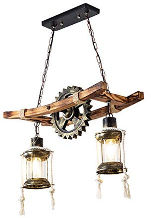 AnraM Industrial Retro Pendant Light Wrought Iron Hanging Lamp Fittings Glass Lamp Shade Solid Wooden Shelf for Kitchen Cafe Bar Restaurant Ceiling Lighting Decoration Better life