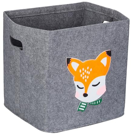 Relaxdays Aufbewahrungsbox Fuchs, Stoffbox für Kinder, aus Filz, faltbar, Spielzeugbox, HxBxT: 33 x 33 x 33 cm, grau
