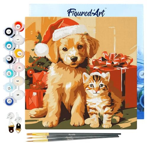 Figured'Art Mini Peinture par Numéro Adulte 20x20cm avec cadre Chat et Chien de Noël - Petit Format Kit de Loisir Créatif DIY Numéro d'Art Complet