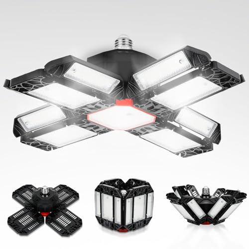Tubiaz LED Garagenleuchte 200W, Werkstattlampe Garagenbeleuchtung 20000LM 6500K Verformbare Deckenlampe mit 12 Verstellbaren Paneelen, E26 / E27 LED Werkstatt Deckenleuchte für Garage