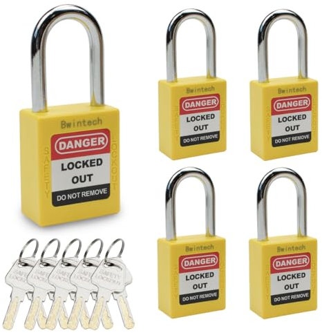 Bwintech 5 Pcs 38MM Clé différente Cadenas de sécurité jaune à clé pour les postes de consignation et les dispositifs de consignation