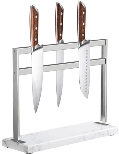 YIIYIIN Magnetic Knife Block, White Marble Base, Double Sided Stainless Steel Magnetic Knife Holder, Kitchen Knife Storage, Space Saving Design