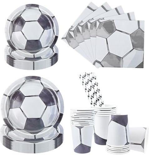 Aitsite Juego de 100 platos para fiesta de fútbol, color gris y blanco, platos de fiesta de cumpleaños para 20 invitados, vajilla de fútbol para cumpleaños, decoración para fiestas de cumpleaños