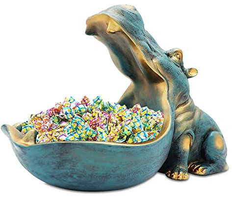Hippo Statue Key Bowl, Large Mouth Figure, Table Decoration for Living Room, Office, Gifts (Dark Blue)