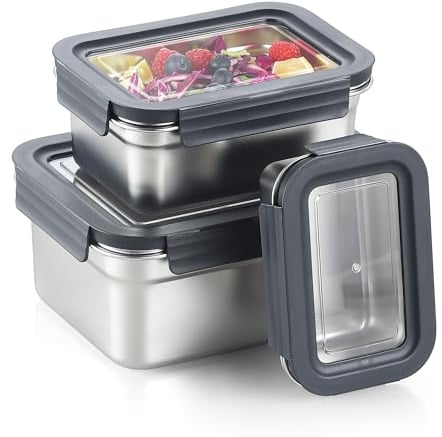 Misichao Stainless Steel Food Storage Containers with Lids - Stackable Meal Prep Food Containers for Kitchen & Pantry, Leakproof, Reusable Metal Bento Lunch Box (450ml+1100ml+2500ml)