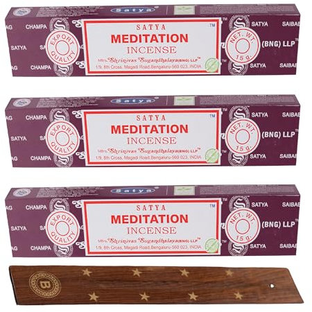 Satya Meditation Incense Sticks 3-Pack with Burlas Holder, 15g pack, Hand Rolled for Relaxation, Meditation, Yoga, Meomatherapy, Spa, Weddings, Healing and Positivity