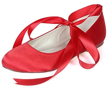 ZhiQin Red,10 UK, Flat Ballet Women's Bridesmaid Shoes Satin Buckle Wedding Shoes for Bride Pumps Dress Shoes