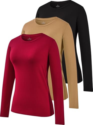 Ullnoy Long Sleeve Cotton Ladies Tops Crew Neck Basic Thermal Shirts Casual Solid Soft Workout Sweatshirt Pack of 3 Black/Coffee/Wine S
