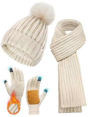 JKKLCC Mütze Schal Und Handschuhe Set Damen,Winter Mütze Mit Pom Pom Fleece Gefüttert Thermisch, Touchscreen Handschuhe,Schal Hals Wärmer 3 In 1 Kaltes Wetter Sets,beige
