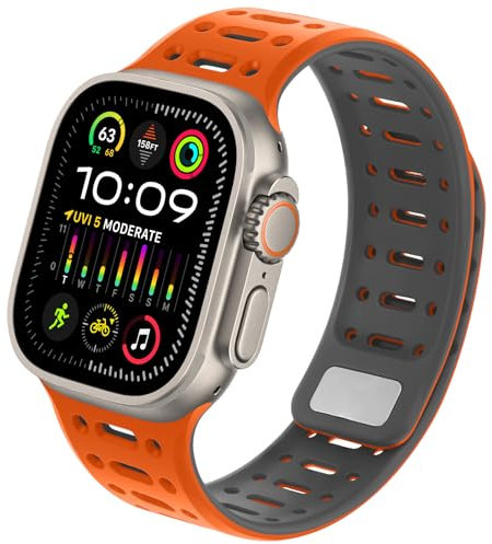 ZZDZZ Correa Magnética Compatible con Correa Apple Watch 49mm 46mm 45mm 44mm 42mm, Correa Deportiva Silicona para Apple Watch Ultra 2 Ultra iWatch Serie 10 9 8 7 SE 6 5 4 3 2 1, Naranja Gris