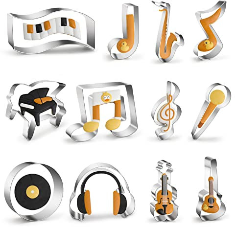 Lot de 12 emporte-pièces musicaux en acier inoxydable – Différentes formes dont partitions, guitare et casque