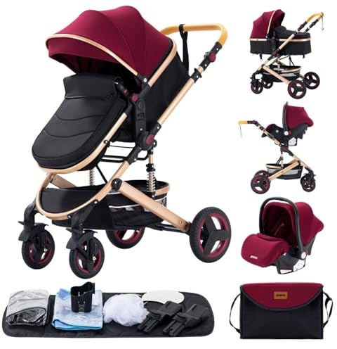 GLOKID Kinderwagen 3 in 1,Reisesysteme, Babywanne Buggy,Voll-Gummireifen,Mit Einem Klick Zusammenklappbarer, Rain cover Mosquito net, Mummy Bag（Rot）