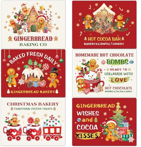 Gingerbread Christmas Placemats Set of 6 Gingerbread Candy Plastic Table Mats Hot Cocoa Place Mats Xmas Gnome Tree Washable Table Decoration for Indoor Outdoor Party Kitchen Dining
